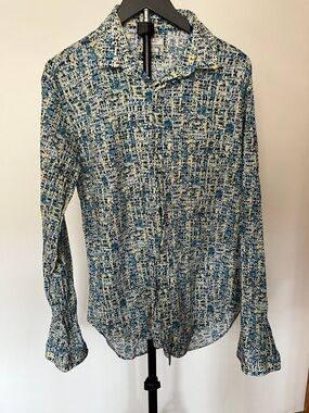 Zara Blue & Cream Abstract Printed Long-Sleeve Button-Down Shirt slim fit